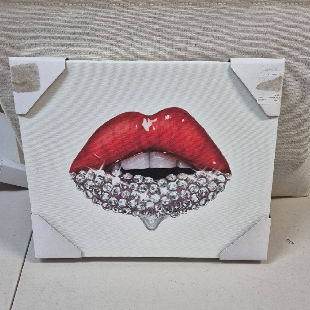 Red Lips With Dripping Diamonds Canvas Art - New
